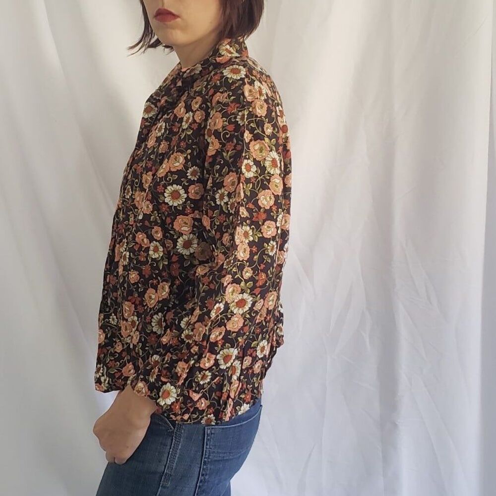 70s Orange and‎ Black Floral Handmade Blouse - Picture 2 of 4